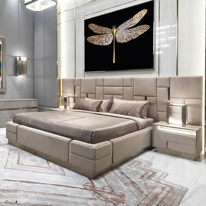 Geometric Block Tuft Upholstered Bed with LED Nightstands, Luxury Metal Trim Platform Bed Frame