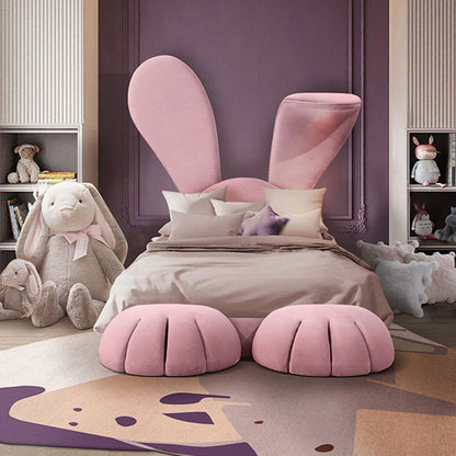 Cute Pink Bunny Kids Upholstered Bed, Cartoon Rabbit Ear Velvet Children Platform Bed Frame