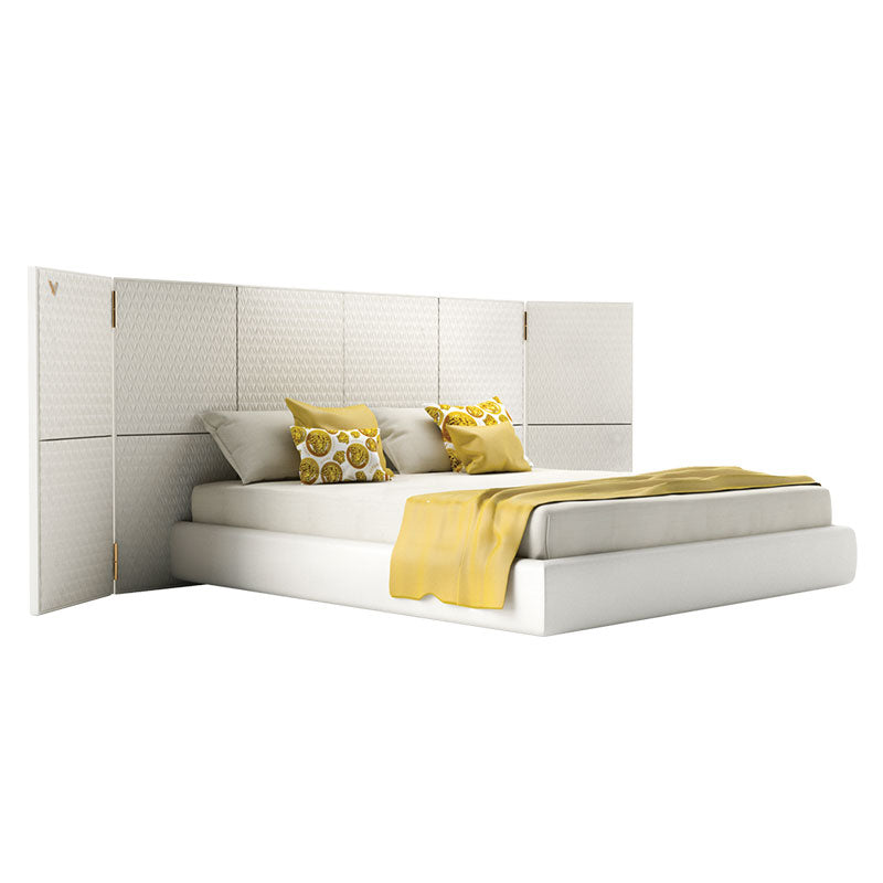 Large Panel Textured Upholstered Bed, Extended Wing Embossed Headboard Luxury Platform Bed Frame
