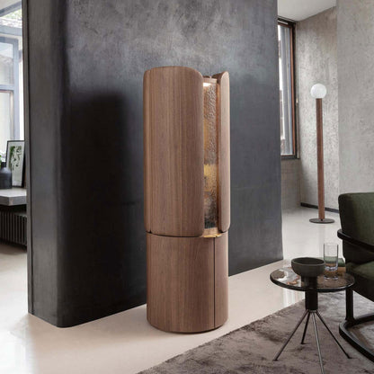 Modern Cylindrical  Bar Cabinet - Walnut Finish with Glass Panels