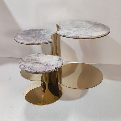 Polished Gold Stainless Steel Multi-Level Coffee Table with Gold Vein Marble Top