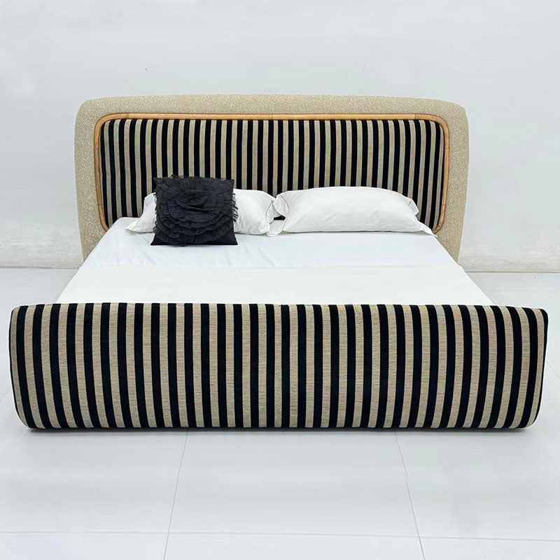 Modern Striped Fabric Upholstered Platform Bed, Teddy Fabric Accent Headboard Luxury Bed Frame