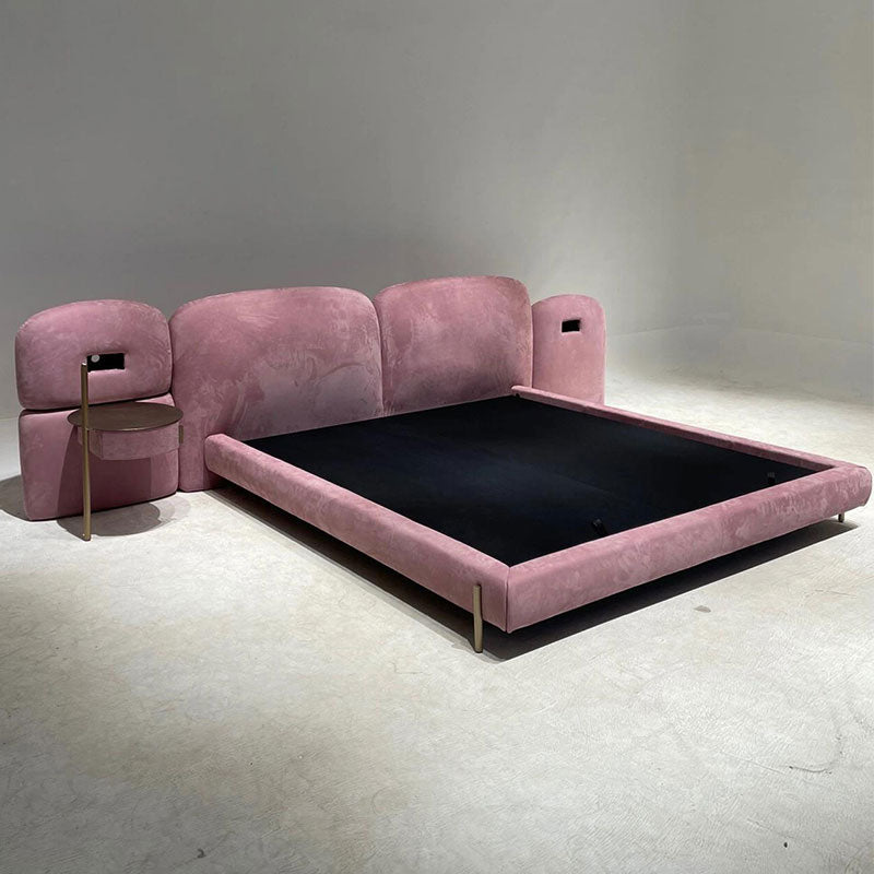 Pink Velvet Upholstered Bed with Integrated Nightstands, Curved Bubble Designer Platform Bed Frame