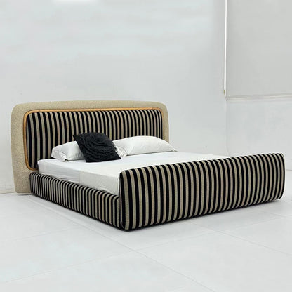 Modern Striped Fabric Upholstered Platform Bed, Teddy Fabric Accent Headboard Luxury Bed Frame