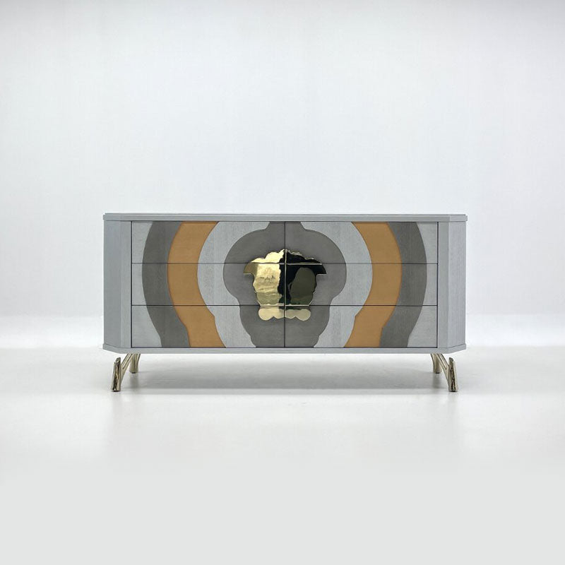Wood Medusa Head Inlay Sideboard, Curved Luxury Gold Leg Storage Credenza