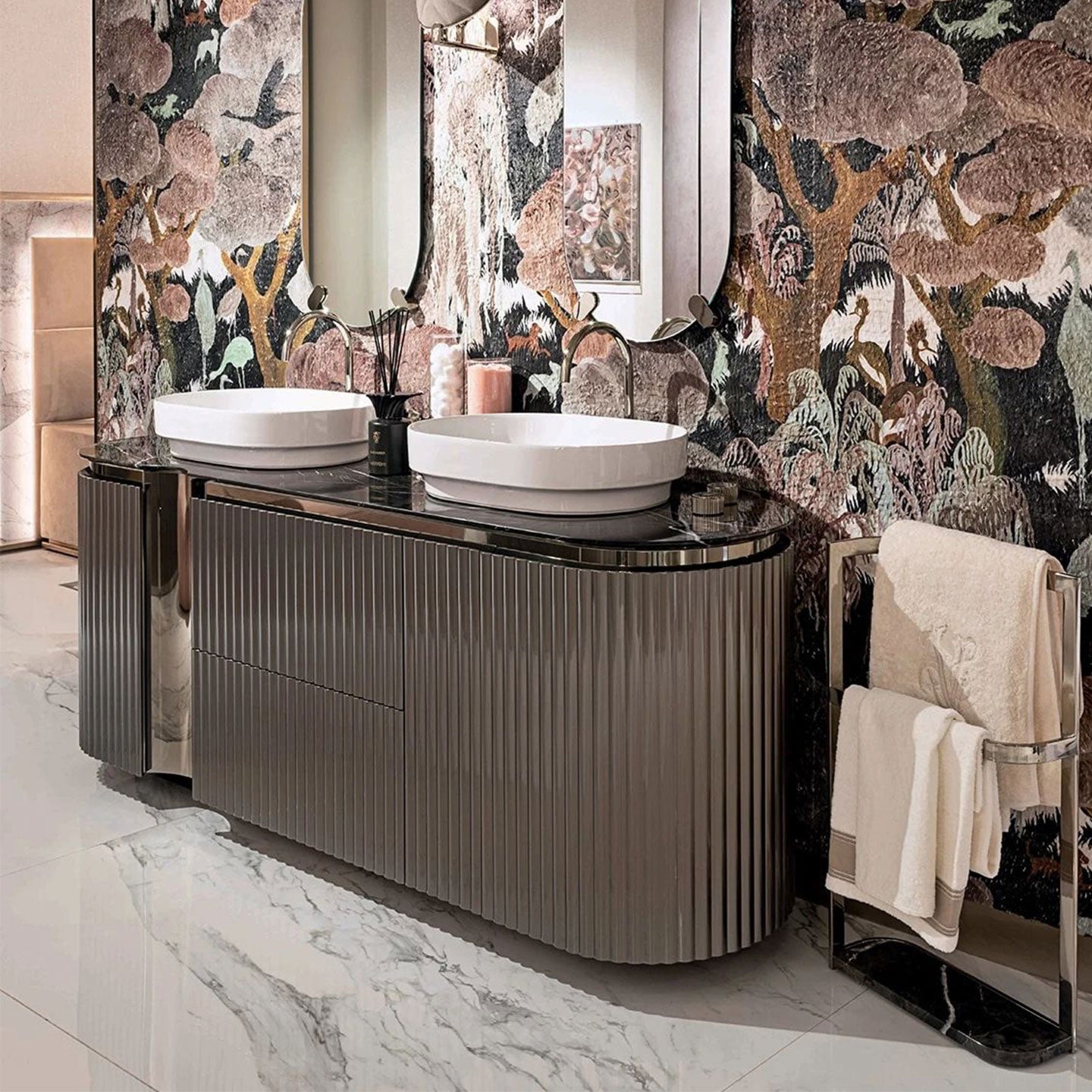 Luxury Golden Bathroom Sinks 304 Stainless Steel Gold Pedestal Washbasin Sing with Marble Top Double Washbasin Cabinet