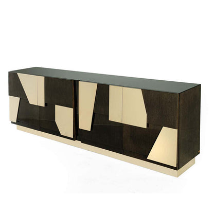 Geometric Brass Inlay Dark Wood Sideboard, Abstract Panel Luxury Storage Credenza