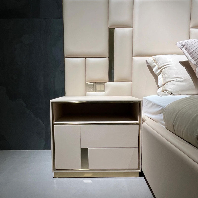 Geometric Block Tuft Upholstered Bed with LED Nightstands, Luxury Metal Trim Platform Bed Frame