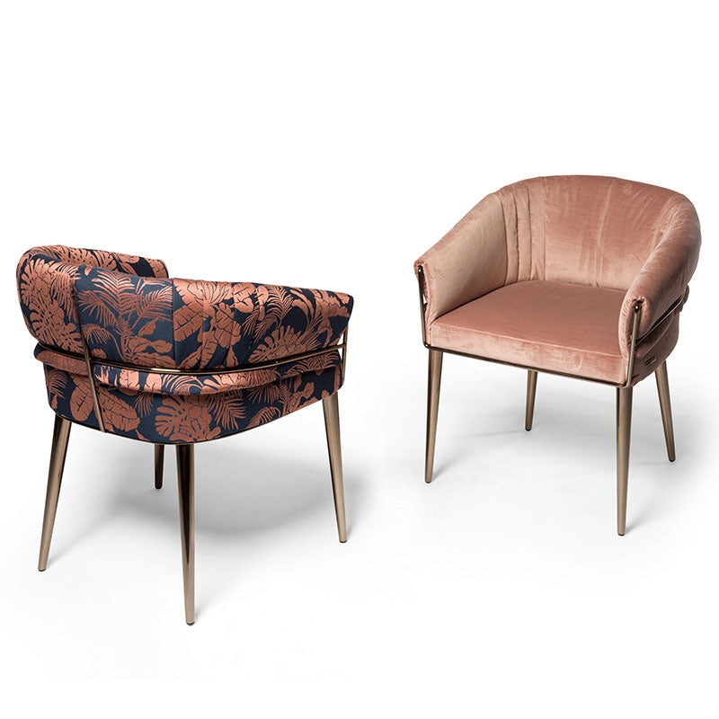 Tropical Leaf Print Fabric Dining Chair, Gold Metal Frame Curved Upholstered Accent Chair