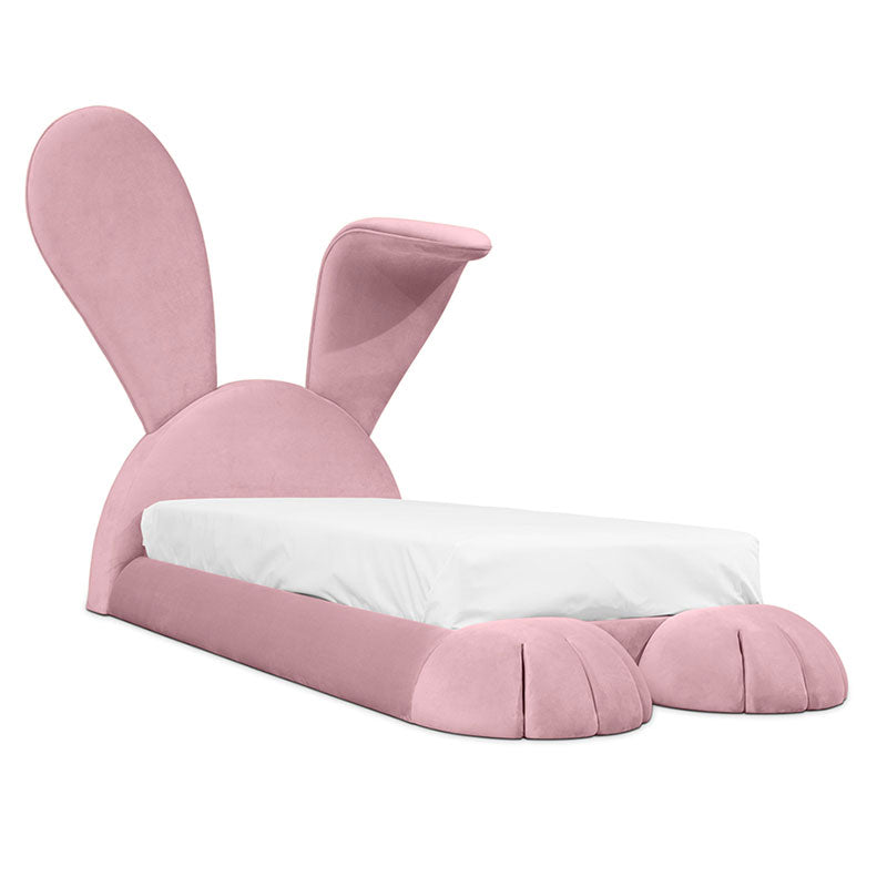 Cute Pink Bunny Kids Upholstered Bed, Cartoon Rabbit Ear Velvet Children Platform Bed Frame