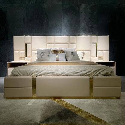 Geometric Block Tuft Upholstered Bed with LED Nightstands, Luxury Metal Trim Platform Bed Frame