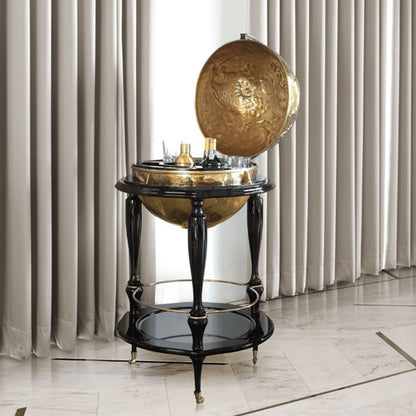 Gold Hammered Globe Bar Cart with Black Wood Stand