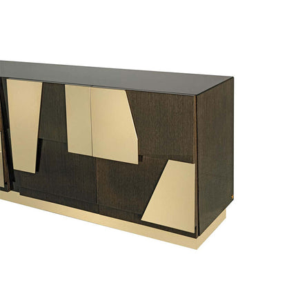Geometric Brass Inlay Dark Wood Sideboard, Abstract Panel Luxury Storage Credenza