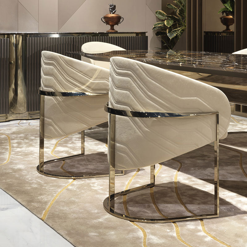Beige-grey wave-pattern upholstered armchair | Luxury gold-legged armchair | Modern art dining chair
