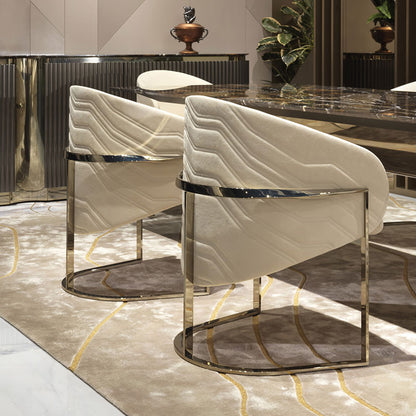 Beige-grey wave-pattern upholstered armchair | Luxury gold-legged armchair | Modern art dining chair