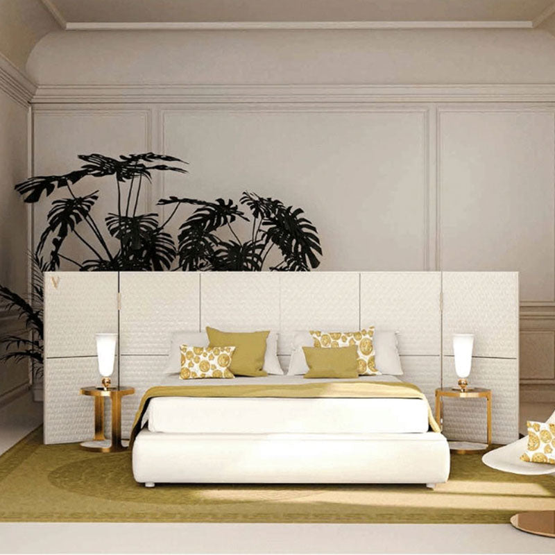 Large Panel Textured Upholstered Bed, Extended Wing Embossed Headboard Luxury Platform Bed Frame