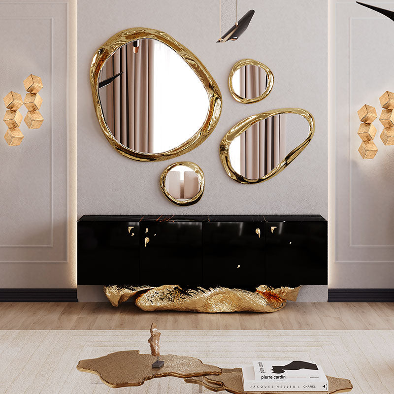 Gloss Black Sideboard with Crinkled Gold Rock Base Luxury 4-Door Storage Cabinet