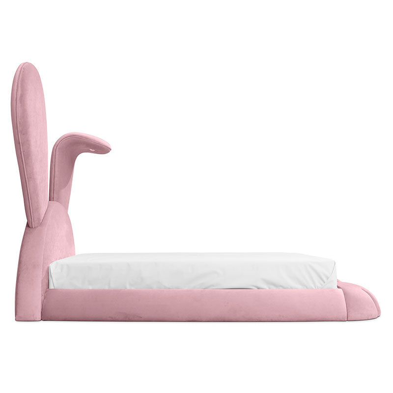Cute Pink Bunny Kids Upholstered Bed, Cartoon Rabbit Ear Velvet Children Platform Bed Frame