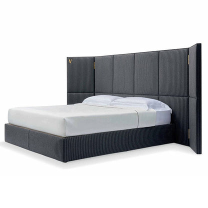 Large Panel Textured Upholstered Bed, Extended Wing Embossed Headboard Luxury Platform Bed Frame