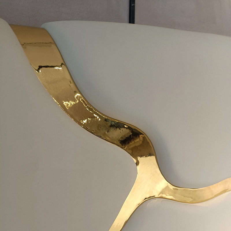 White Upholstered Platform Bed with Abstract Gold Stainless Steel Inlay Luxury Bed Frame