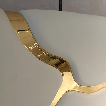 White Upholstered Platform Bed with Abstract Gold Stainless Steel Inlay Luxury Bed Frame