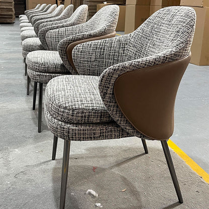 Modern Grey Boucle Accent Chair with Black Leather Back | Black Metal Legs Lounge Chair