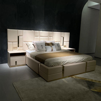 Geometric Block Tuft Upholstered Bed with LED Nightstands, Luxury Metal Trim Platform Bed Frame