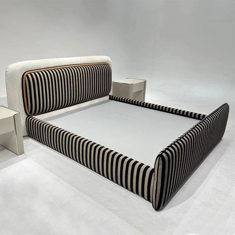 Modern Striped Fabric Upholstered Platform Bed, Teddy Fabric Accent Headboard Luxury Bed Frame
