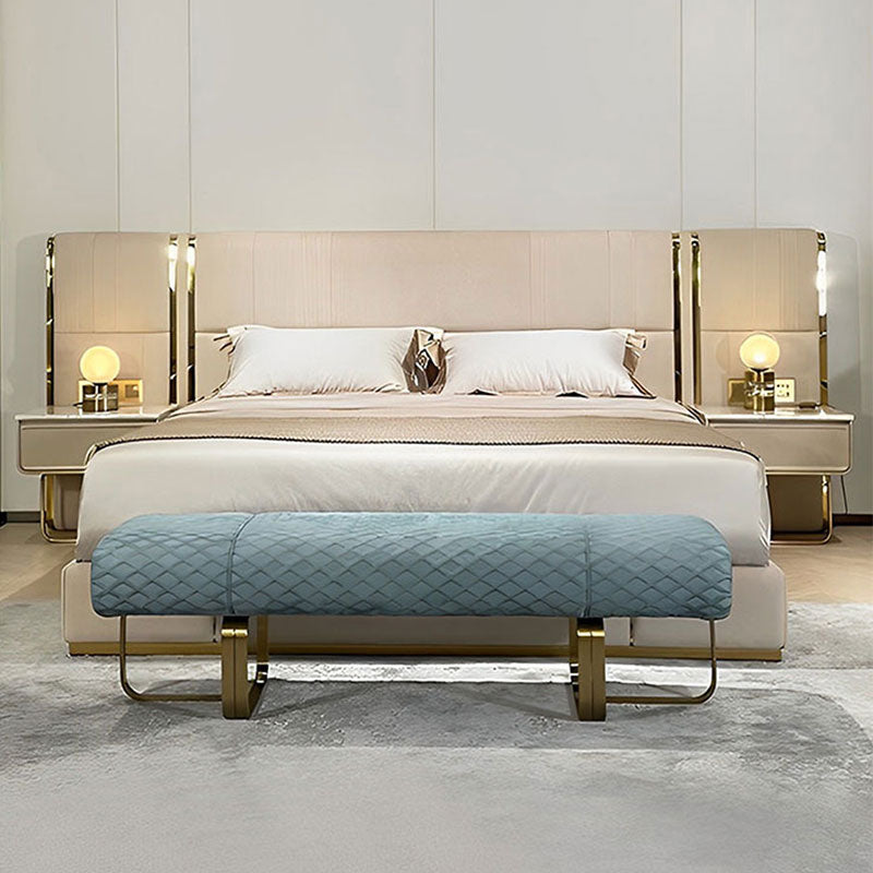 Modern Luxury Upholstered Bed, Beige Velvet Bed Frame with Gold Metal Trim Bedroom Set