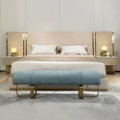 Modern Luxury Upholstered Bed, Beige Velvet Bed Frame with Gold Metal Trim Bedroom Set