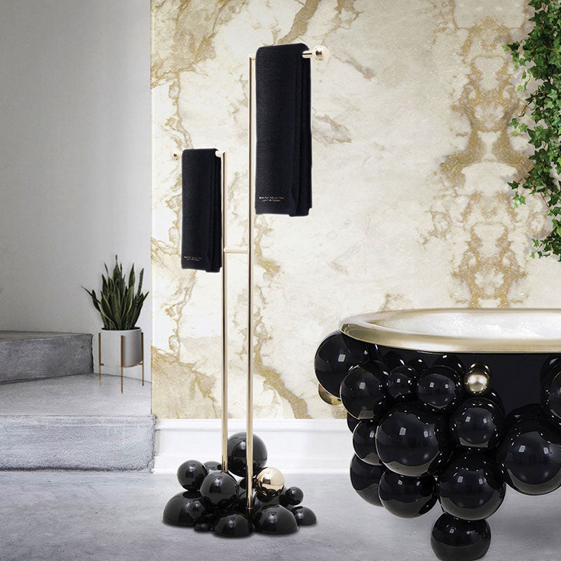 Custom-designed art gold & black stainless steel spherical base luxury bathroom towel rack