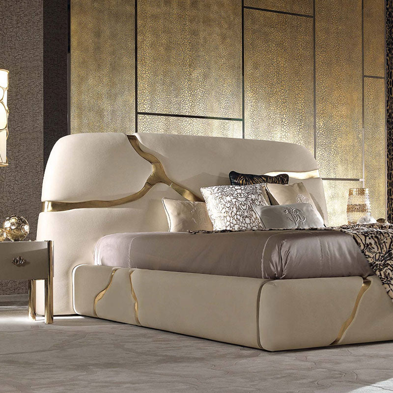 White Upholstered Platform Bed with Abstract Gold Stainless Steel Inlay Luxury Bed Frame