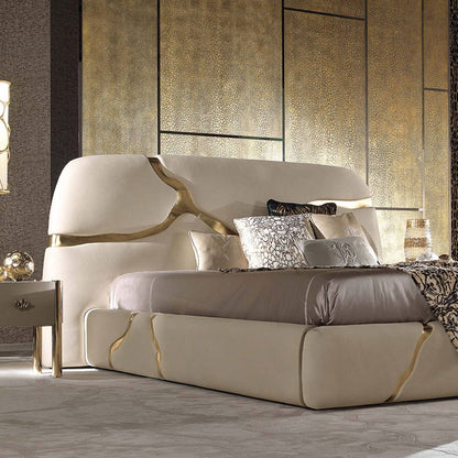 White Upholstered Platform Bed with Abstract Gold Stainless Steel Inlay Luxury Bed Frame
