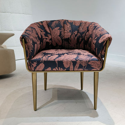 Tropical Leaf Print Fabric Dining Chair, Gold Metal Frame Curved Upholstered Accent Chair