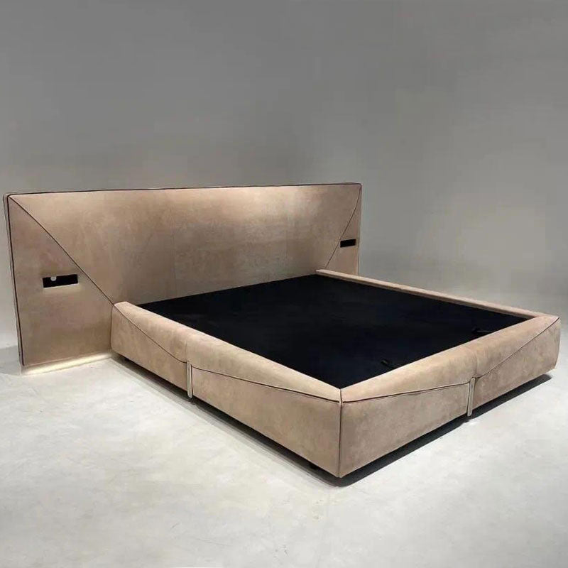 Modern Geometric Upholstered Bed, Oversized Wing Headboard Bed Frame with Ambient LED Light