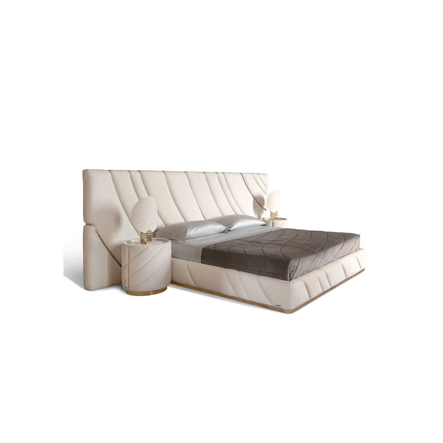 Luxury Channel Tufted Upholstered Bed, Cream Fabric Bed Frame with Gold Metal Base Trim