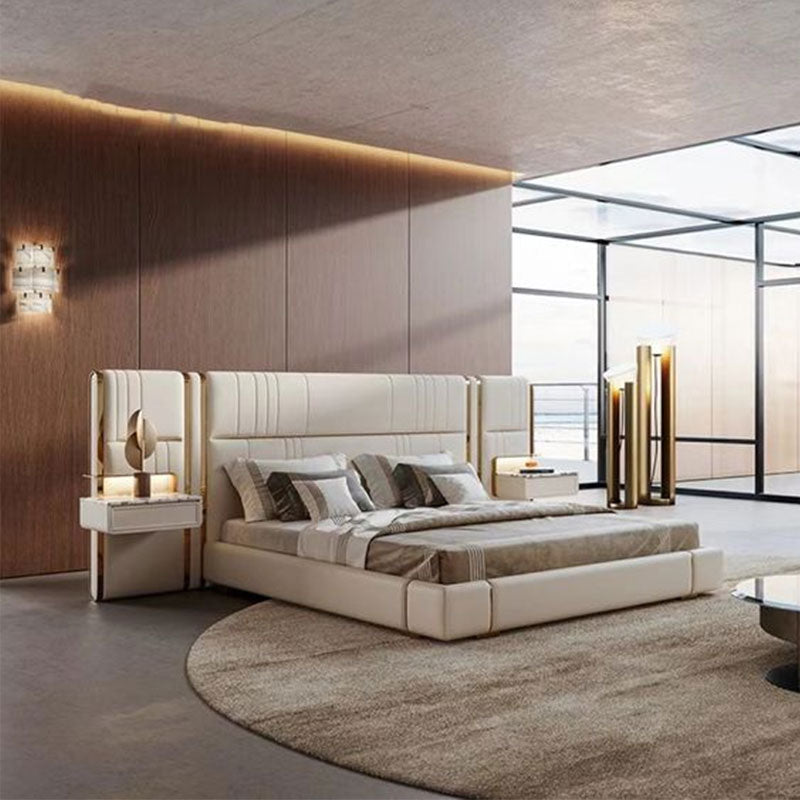 Modern Luxury Upholstered Bed, Beige Velvet Bed Frame with Gold Metal Trim Bedroom Set
