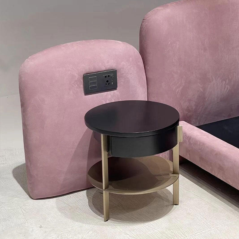 Pink Velvet Upholstered Bed with Integrated Nightstands, Curved Bubble Designer Platform Bed Frame