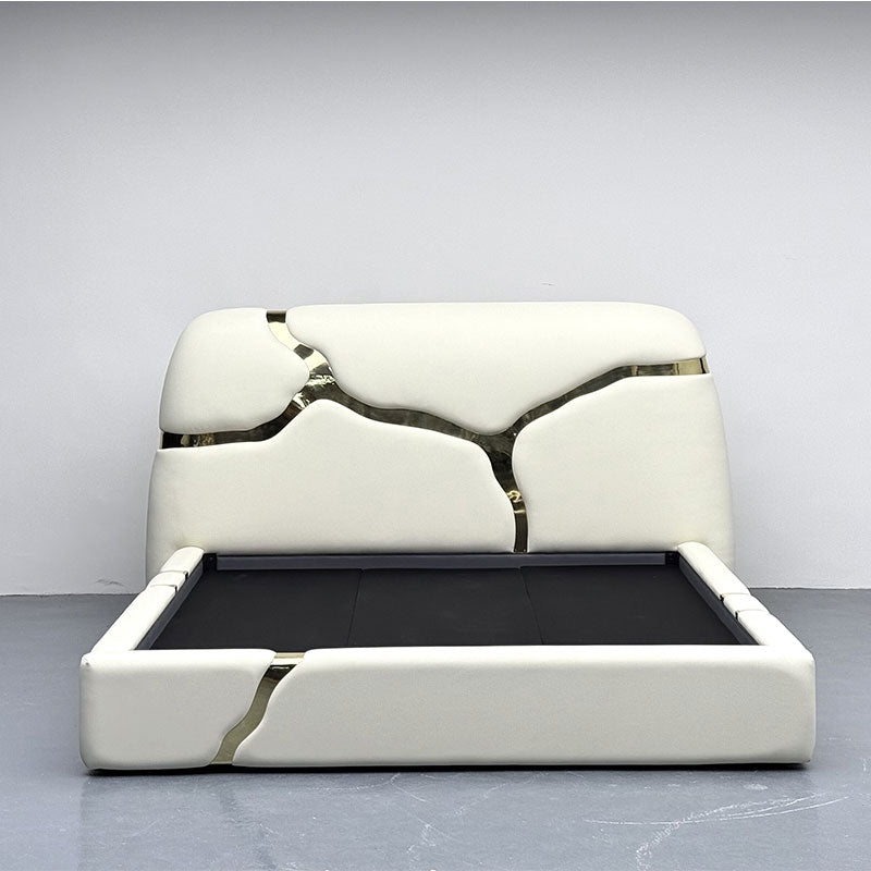 White Upholstered Platform Bed with Abstract Gold Stainless Steel Inlay Luxury Bed Frame