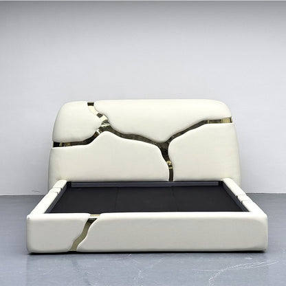 White Upholstered Platform Bed with Abstract Gold Stainless Steel Inlay Luxury Bed Frame