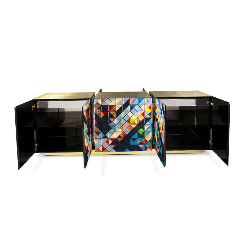 Multicolor Geometric Mosaic Sideboard Polished Gold Frame 3 Door Luxury Buffet Cabinet