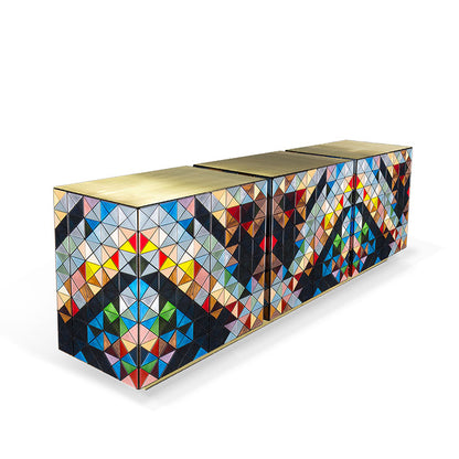 Multicolor Geometric Mosaic Sideboard Polished Gold Frame 3 Door Luxury Buffet Cabinet