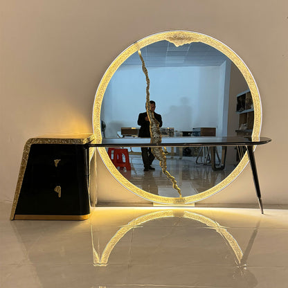 Custom-made luxury bedroom furniture, including a floor-length round mirror and LED lighting dressing table.