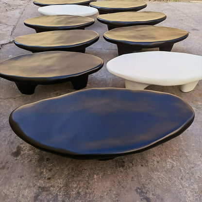 Organic Pebble Shape Black Coffee Table, Wabi Sabi Irregular Curved Solid Sculpture Center Table