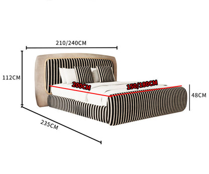 Modern Striped Fabric Upholstered Platform Bed, Teddy Fabric Accent Headboard Luxury Bed Frame