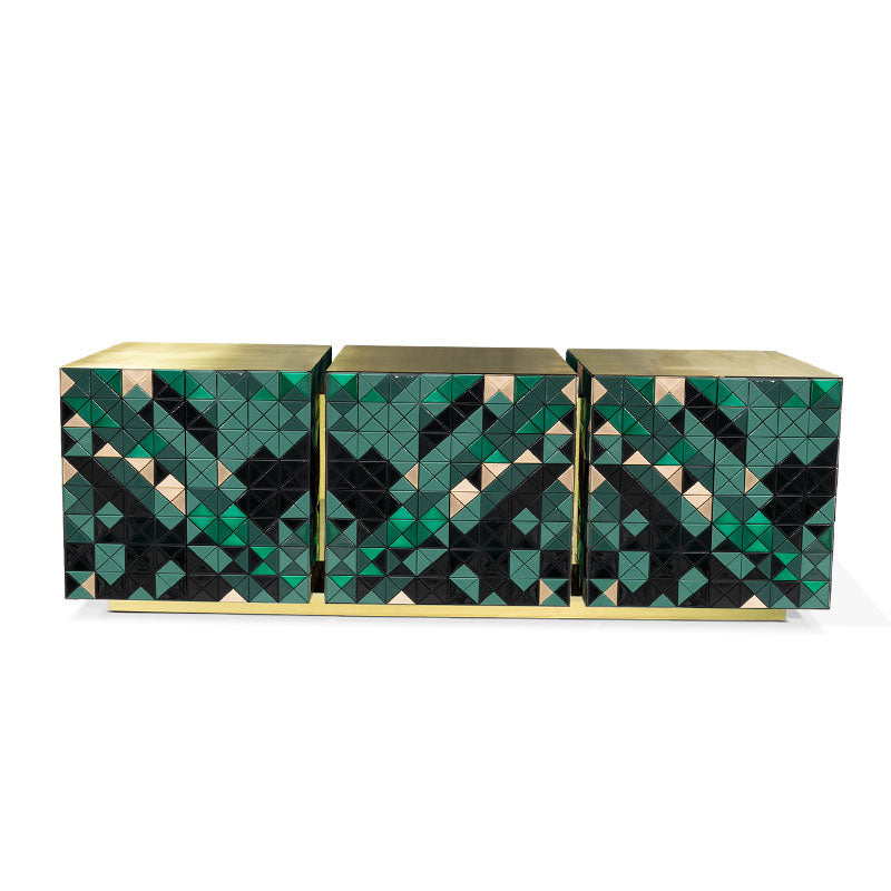 Multicolor Geometric Mosaic Sideboard Polished Gold Frame 3 Door Luxury Buffet Cabinet