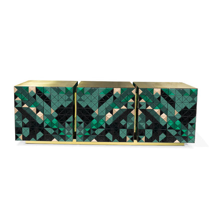 Multicolor Geometric Mosaic Sideboard Polished Gold Frame 3 Door Luxury Buffet Cabinet