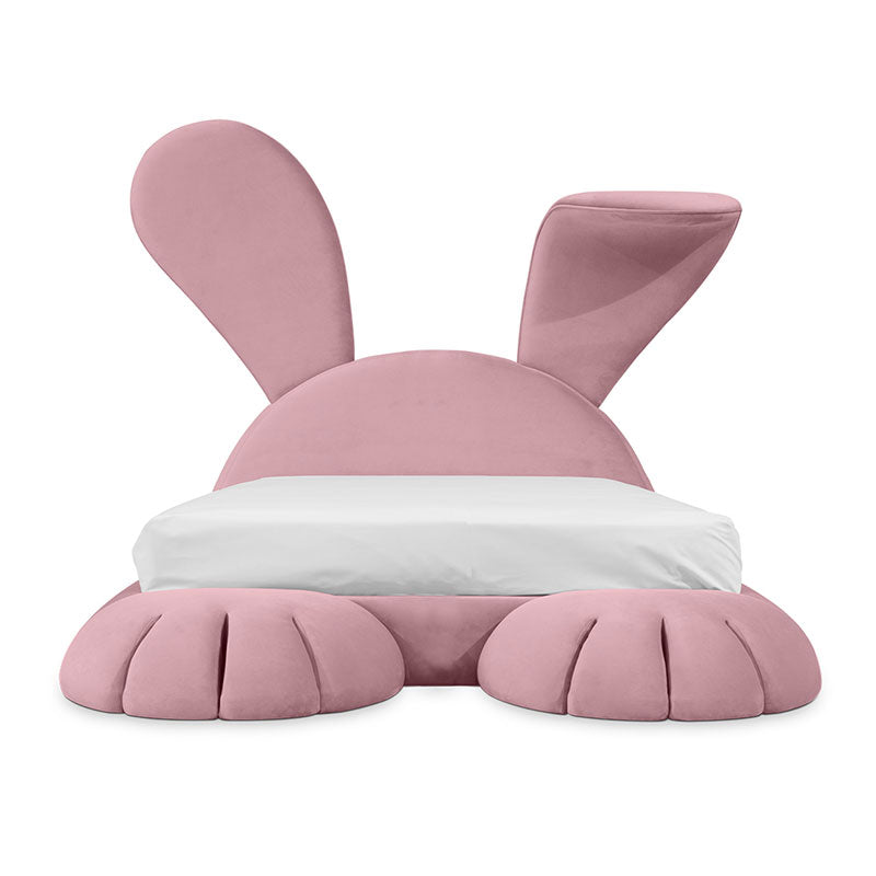 Cute Pink Bunny Kids Upholstered Bed, Cartoon Rabbit Ear Velvet Children Platform Bed Frame