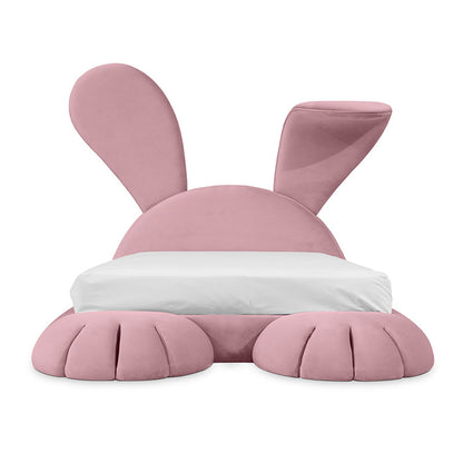 Cute Pink Bunny Kids Upholstered Bed, Cartoon Rabbit Ear Velvet Children Platform Bed Frame