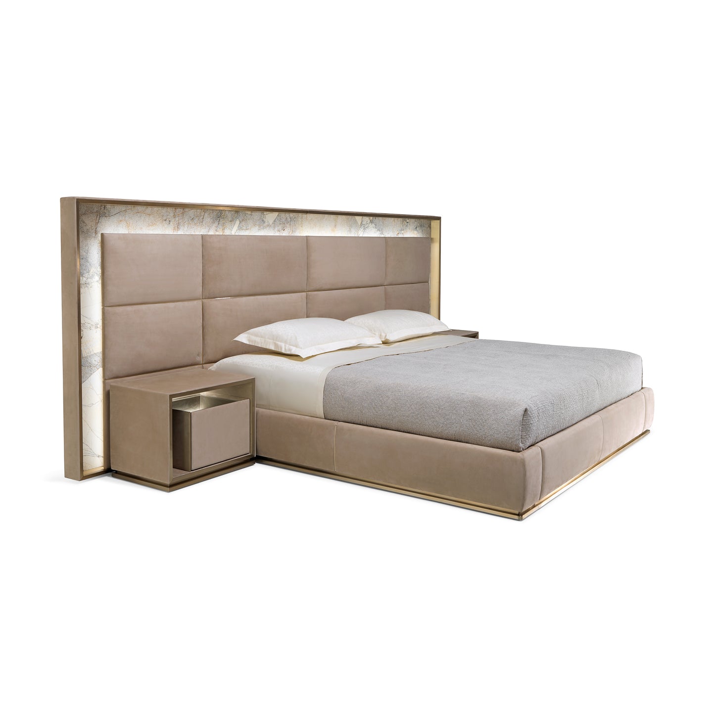 Full Wall Marble LED Headboard Bed, Leather Upholstered Platform Bed with Built-in Nightstands